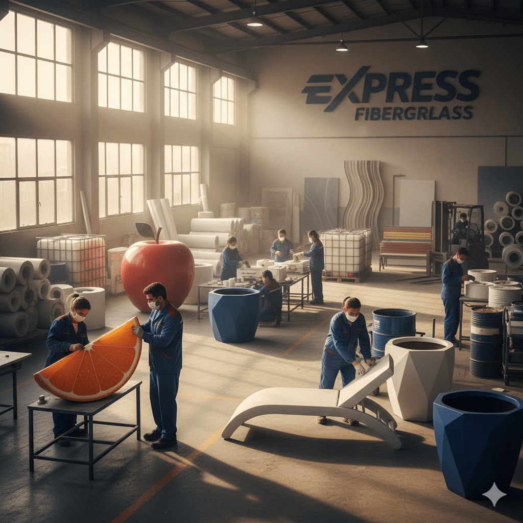 Express Polyester Antalya fabrikasında el işçiliği ile fiber saksı ve şezlong üretimi